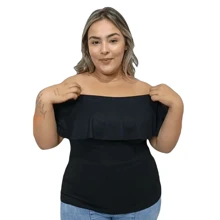 Kit 2 Plus Size Women's Blouses, Elegant, Ribbed, Ruffled, Boat Neck, New Year's Eve Party - Đen và trắng - Xem 8