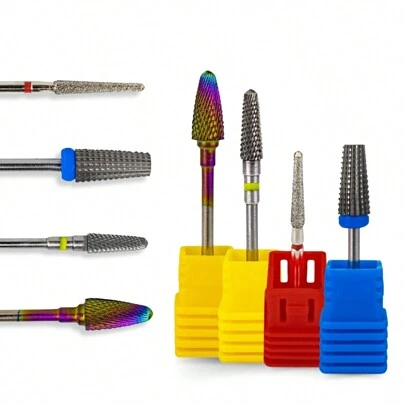 Arte Seducao Kit 4 Brocas Tungstênio Umbrella F, Large Barrel Blue M, Flame F-720, Bullet ST Colorful Alongamento Unhas Gel Fibra Manicure Lixadeira Polimento Decoração