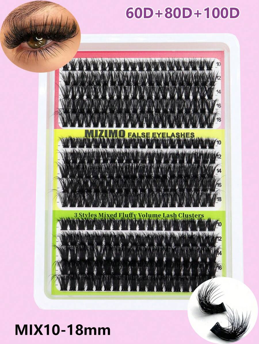15 Rows 290pcs CC/D/DD Black Cluster Lashes, 60D+80D+100D Fluffy Style, Hot Melt, Faux Mink Eyelashes 0.07, Mixed Length 10-18mm Extra Long & Dense Segmented False Eyelashes