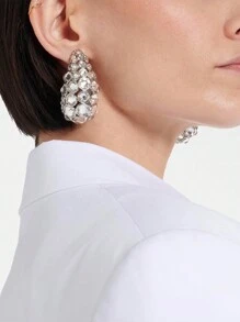 1 对时尚银色镶钻空心椭圆形耳环，时尚优雅的女性设计 - 銀色 - 查看 1