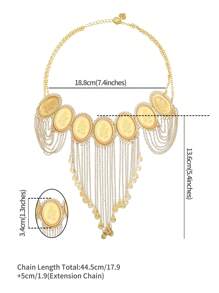 1pc Fashionable Layered Oval Pendant Engraved Flower Copper Coin Necklace For Women Birthday, 18K Gold Plated Brass Tassels Chain Necklace