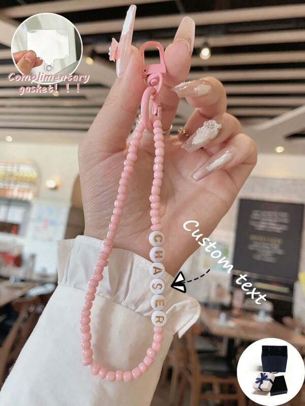 Customized Minimalist Pink Letter Beads Phone Lanyard (Comes With Phone Charm Washer), Can Customize Name, Slogan, Date, Suitable For Birthday, Anniversary, Gift-Giving, Everyday Wear