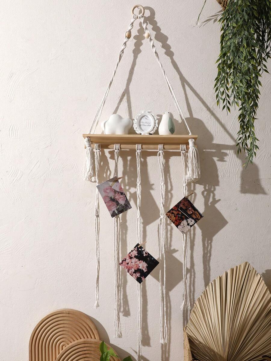 1 Kệ treo tường Macrame Bohemian có màn hình hiển thị ảnh, Kệ tổ chức dệt bằng Polyester mộc mạc cho đồ trang trí nhà theo phong cách Boho, Kệ treo tường có tua rua và kẹp cho phòng ngủ, phòng khách, phòng trẻ em – Giá đỡ ảnh trang trí và lưu trữ