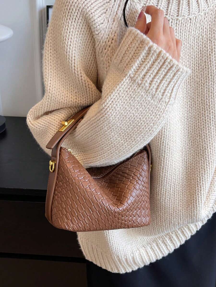 復古編織單色pu簡約風格女士時尚百搭手提袋/斜揹肩袋,寬帶大容量hobo手袋