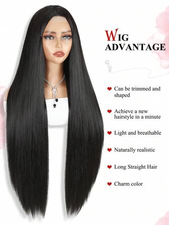 30Inch Long Straight Black Wigs For Women Synthetic Middle Part 4x1 Lace Part Wig Natural Looking Wig For Daily Part Use