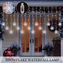 1 pieza Luces de cadena impermeables con diseños de copos de nieve/pentágono/luna - Ideales para decoración interior/exterior de vacaciones, bodas, fiestas, árboles de Navidad, dormitorios y jardines para crear un ambiente festivo - Luces de cadena de copos de nieve de hielo - Ver 1