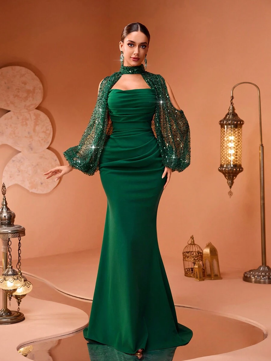 New Luxury Minimalist Elegant Sequin Splice Ruched Long Sleeve Formal Evening Dress, Party Dress, Wedding Guest Dress,Gown - Màu xanh lá cây đậm - Xem 1