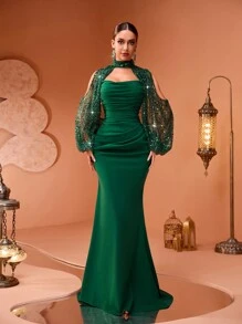New Luxury Minimalist Elegant Sequin Splice Ruched Long Sleeve Formal Evening Dress, Party Dress, Wedding Guest Dress,Gown - Màu xanh lá cây đậm - Xem 2