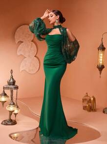 New Luxury Minimalist Elegant Sequin Splice Ruched Long Sleeve Formal Evening Dress, Party Dress, Wedding Guest Dress,Gown - Màu xanh lá cây đậm - Xem 3