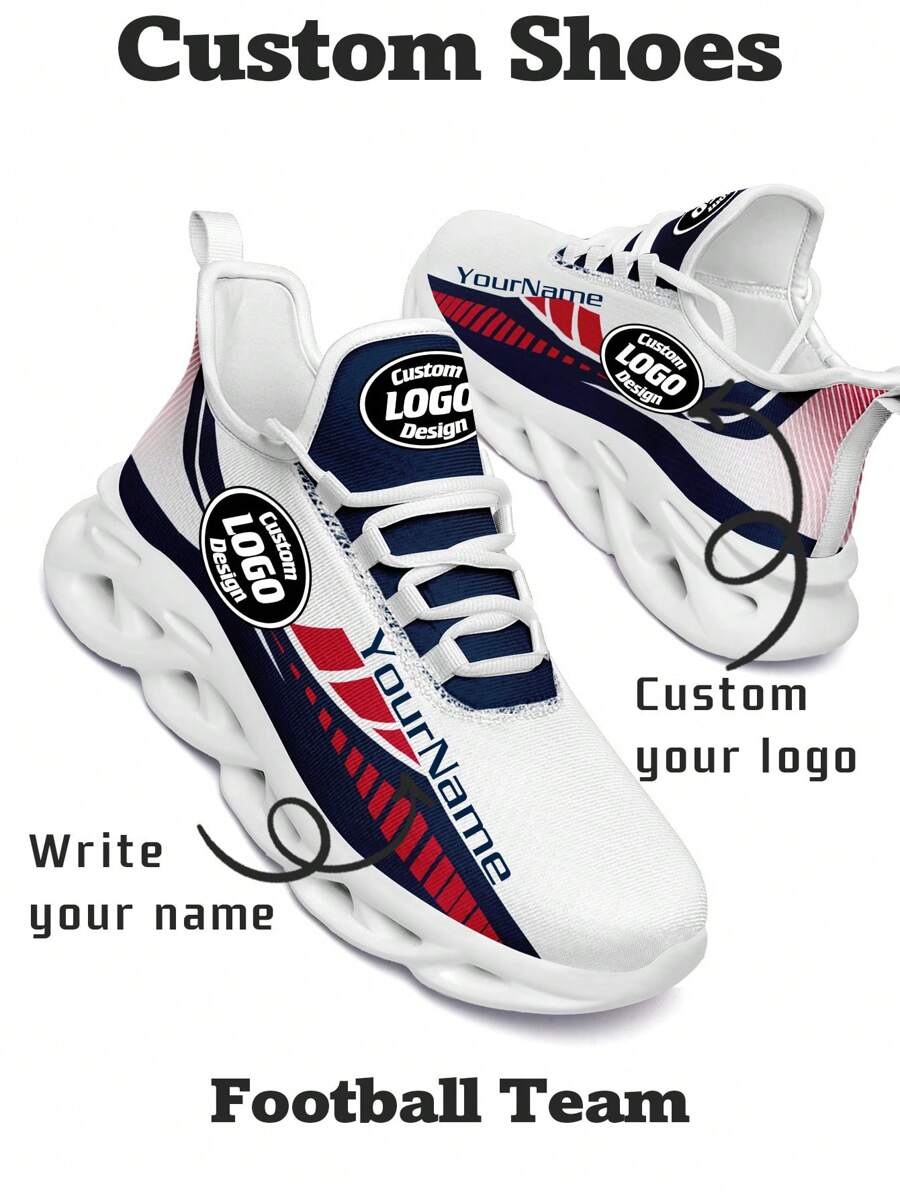 Men's New England Football Designed Sneakers, Custom Logo Custom Name Customization Lightweight Comfortable Soft Bottom Sneakers For Men, Gym Training Breathable Tennis Shoes Unique Gift For Mom/Dad/Her/Him/Girlfriend/Boyfriend/Wife/Husband/Friend ﻿ - White - View 1