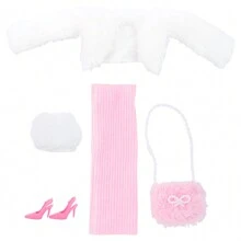 6-delige outfitset met poppenkleding voor poppen van 11,5 inch: schattige pluchen jumpsuit, wit jasje, roze tas, hoge hakken, hoed, modieuze meisjesjurk, geschikt voor poppenaankleedspelletjes, verjaardagscadeau (pop niet inbegrepen)