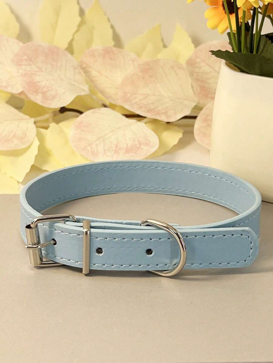 PU Leather Pet Collar, Multi-Size Simple Flat Pet Dog Neck Strap, Multi-Color Dog & Cat Collar - Baby Blue - View 1