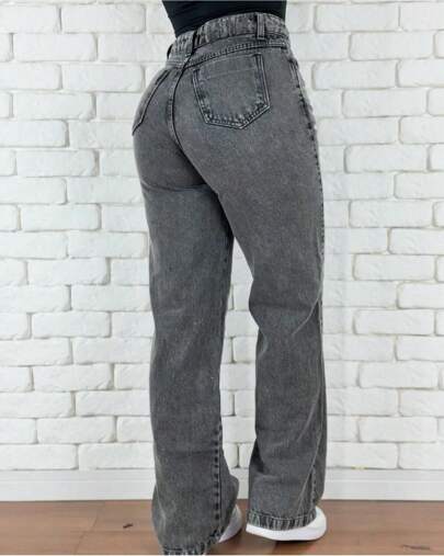 Calça Wide Leg Pantalona Jeans Feminina Cintura Alta Levanta Bumbum--88