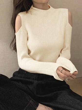 1 件休闲露肩长袖纯色套头毛衣，秋季，长袖上衣