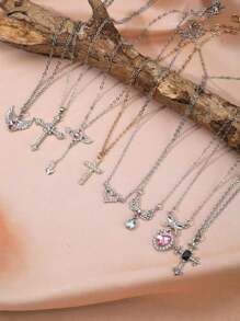 5pcs Fashionable Set: Rhinestone Angel Wing, Heart, Pink Diamonds, Minimalist Celestial Necklaces (Cross, Butterfly, Hearts, Moon, Stars, Swords) For Women
