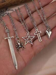 5pcs Fashionable Set: Rhinestone Angel Wing, Heart, Pink Diamonds, Minimalist Celestial Necklaces (Cross, Butterfly, Hearts, Moon, Stars, Swords) For Women