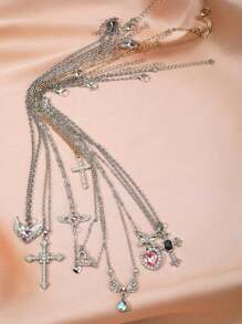 5pcs Fashionable Set: Rhinestone Angel Wing, Heart, Pink Diamonds, Minimalist Celestial Necklaces (Cross, Butterfly, Hearts, Moon, Stars, Swords) For Women