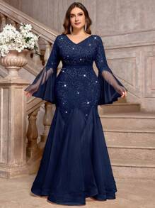 Plus V-Neck Floral Lace Sequin Insert Contrast Mesh Long Sleeve Mermaid Hem Evening Party Maxi Dress, Valentine's Day Dress, Wedding Guest Dress, Prom Dress, For Birthday, Homecoming, Festivals - Navy Blue - View 4