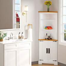 Gabinete de esquina, aparador, gabinete bar, gabinete de baño de esquina con 2 puertas y 3 estantes, gabinete de almacenamiento de esquina independiente para baño, sala de estar, dormitorio o cocina, Color: Blanco+Marrón - Blanco - Ver 2