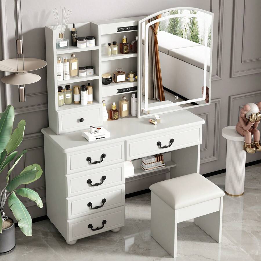 35.4" Makeup Vanity Desk With Mirror And Lights, Vanity Mirror With Lights Desk And Chair, White Vanity Desk With Sliding 3 Colors Lighted Mirror, Brightness Adjustable, 6 Drawers, With Stool - 白色 - 查看 1