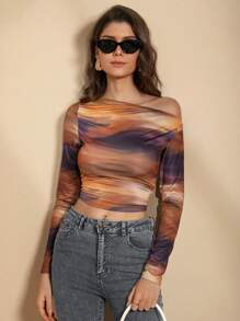 女士不对称肩部印花长袖 T 恤，休闲日常穿着