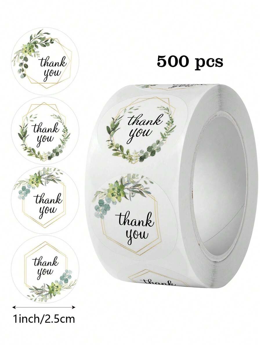 500pcs/Roll Fresh Floral & Leaves Thank You Stickers, Self-Adhesive Stickers For Birthday Party, Wedding, Gift Card, DIY Decoration, Waterproof PVC Sticker,School Supplies,Back To School
