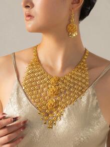 3pcs/Set 24k Gold Color Dubai Style Fashionable Jewelry Set: Necklace & Earrings For Women, Saudi Arabian Jewelry - Gold - View 1