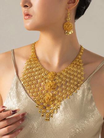 3pcs/Set 24k Gold Color Dubai Style Fashionable Jewelry Set: Necklace & Earrings For Women, Saudi Arabian Jewelry