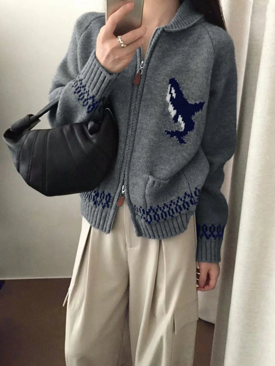 Women Shark Pattern Zip Up Cardigan Sweater Jacket, Loose Knit Top - Dark Grey - View 1