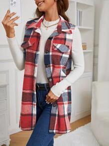 Plus Size Plaid Print Flap Detail Sleeveless Coat Women