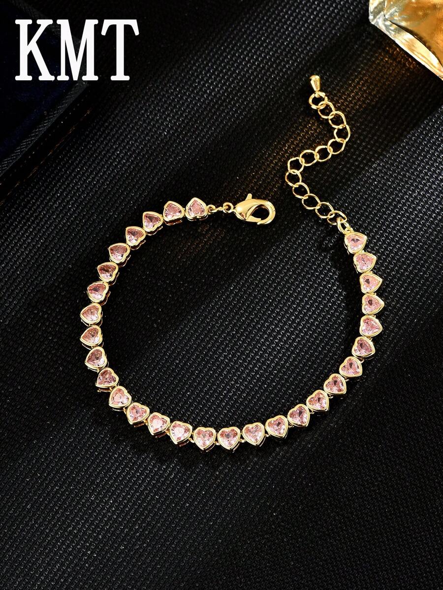 KMT 1pc Luxurious Copper Zirconia Inlaid Heart-Shaped Link Tennis Bracelet With Gift Box, Fashion For Women - Heart Shape - View 1