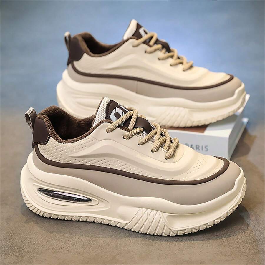 Men's Winter New Thermal Lined Thick Outsole Chunky Sneakers, Warm, Comfortable, Versatile, Casual, Fashionable, Lace-Up, Plus Size