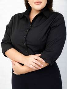 Plain Basic Slim Half Sleeve Shirt | T-Shirt | Evangelical Fashion | Women's Blouse | PLUS SIZE | SOCIAL - 黑色的 - 查看 3