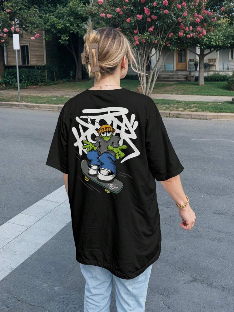 Alien And Skate Streetwear Print T-Shirt, Premium Cotton, Ref 2173 VEST NERD - 黑色 - 查看 3