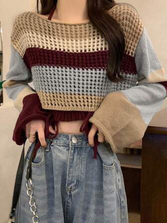 Block Stripe Drop Shoulder Crop Jumper With Halter Knit Top