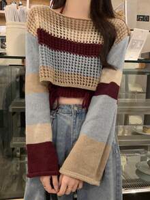 撞色條紋落肩袖短款毛衣帶吊脖針織上衣