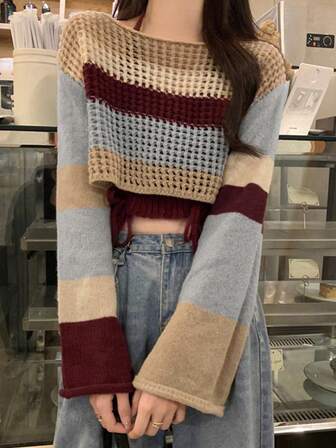 Block Stripe Drop Shoulder Crop-tröja med grimmastickad topp