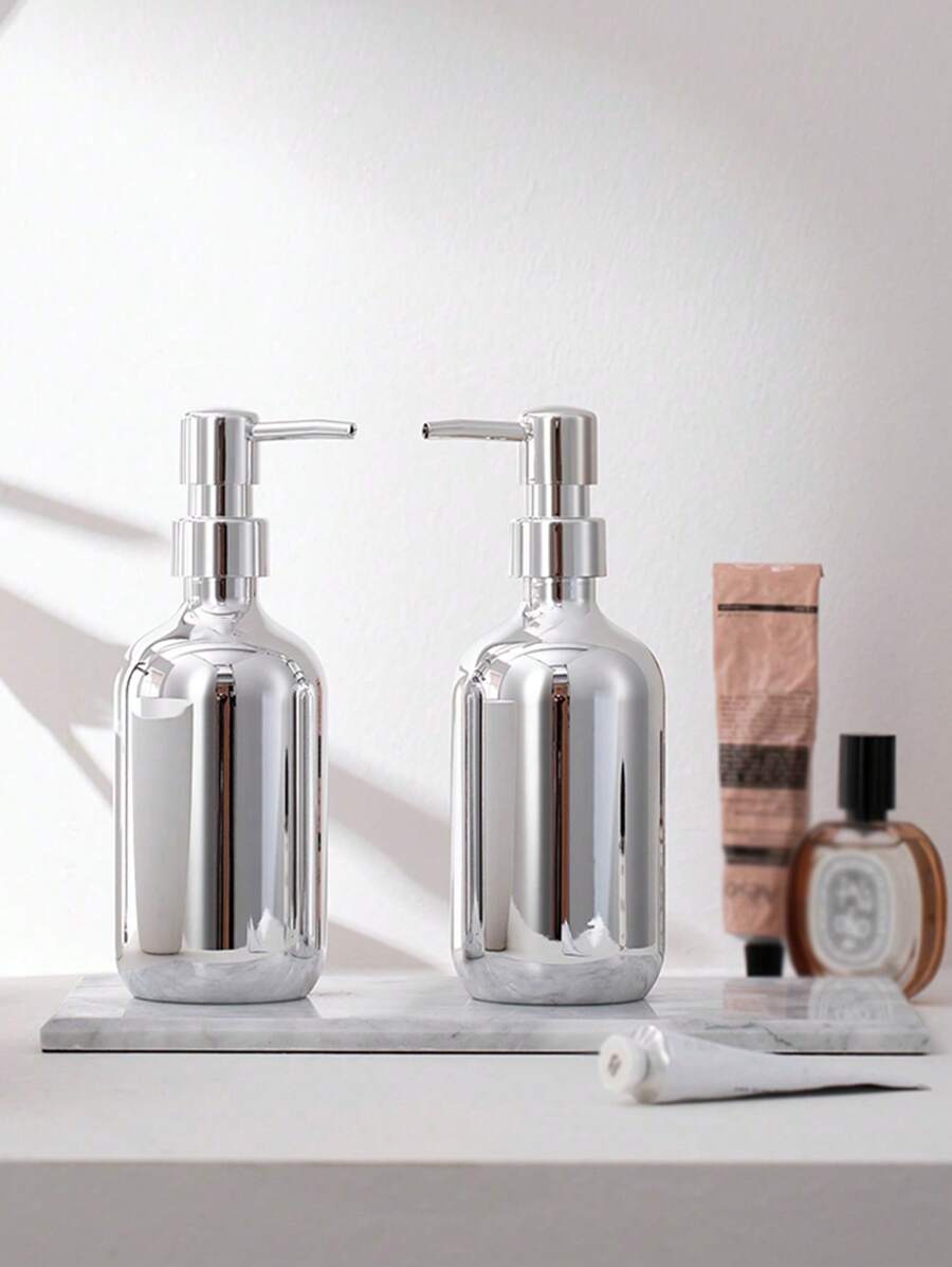 1pc/2pcs Refillable Lotion Dispenser Bottle, Bathroom Silver-Plated Replaceable Liquid Soap/Shampoo Dispenser Bottle Home Bathroom Decor Fall Decor Back To School - Silver - View 1