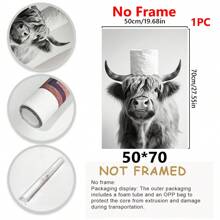 1 件，帆布悬挂海报，实木框架画，高地牛印花浴室墙壁艺术现代农舍装饰礼物，有趣的浴室标志，适合他动物印花卫生纸浴室墙壁装饰