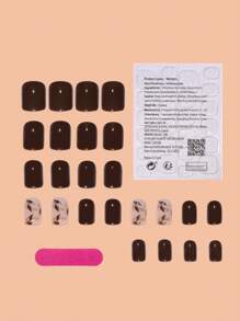 24Pcs Glossy Short Square Press-On Nails, Brown Color With Golden Glitter Leaf Design, For Women And Girls, Autumn/Winter Nail Supplies Nails