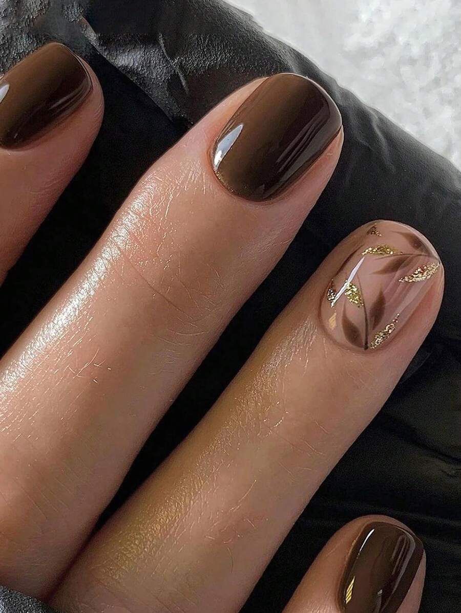 24Pcs Glossy Short Square Press-On Nails, Brown Color With Golden Glitter Leaf Design, For Women And Girls, Autumn/Winter Nail Supplies Nails