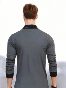 Halloween Men's Color Block Long Sleeve V Neck T-Shirt,Men's Casual Solid Color Button Embellished Pullover,Men's Raglan Sleeve Button Front Color Block T-Shirt - Grey - View 4