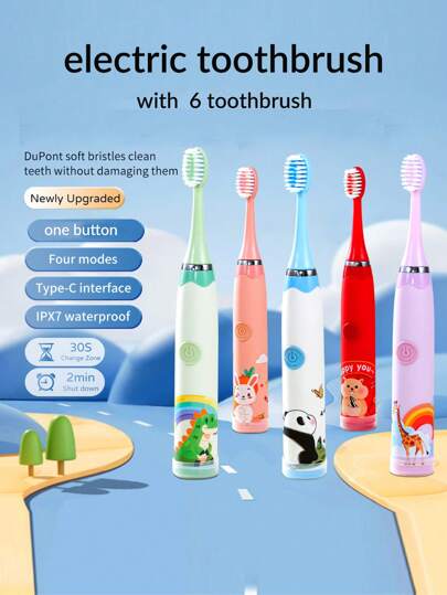 1 Pc Electric Toothbrush, Battery Operated With 1 Button 1 Speed / Rechargeable With 1 Button 4 Speeds, Comes With 6 Brush Heads