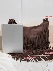 MIYIN 复古中号女士单肩包，饰有流苏，时尚西部风格，可调节肩带，大容量复古波西米亚流苏包，适合外出、工作、购物、旅行和休闲场合，尤其适合牛仔比赛，一款女士波西米亚风格手提包。 - 咖啡棕 - 查看 7