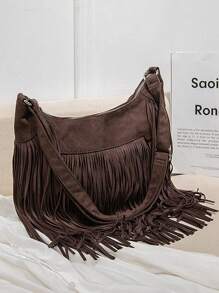 MIYIN 复古中号女士单肩包，饰有流苏，时尚西部风格，可调节肩带，大容量复古波西米亚流苏包，适合外出、工作、购物、旅行和休闲场合，尤其适合牛仔比赛，一款女士波西米亚风格手提包。 - 咖啡棕 - 查看 3