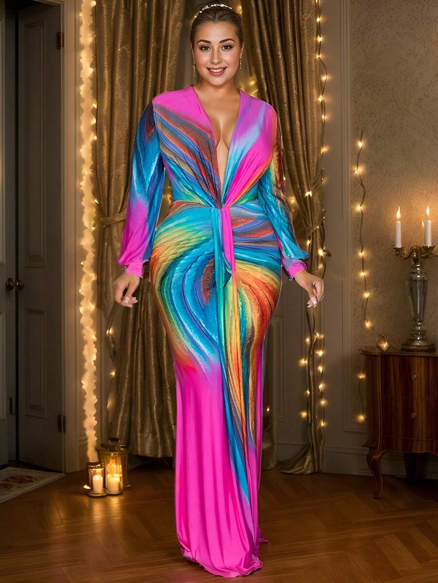 女士百褶撞色长袖优雅休闲连衣裙节日夏季生日派对