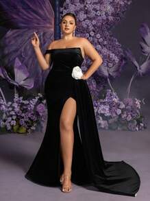 Faeriesty Plus Stereo Flower Decoration Strapless Draped Side Velvet Evening Dress - Black - View 2