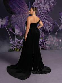Faeriesty Plus Stereo Flower Decoration Strapless Draped Side Velvet Evening Dress - Black - View 3