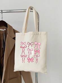 1pc Nine Pink Bow Pattern Women'S Handbags, Reusable Shopping Bags, Foldable Large Capacity Casual Shopping Bags, Simple Bohemian Handbags, Suitable For Work, Travel, Shopping, School Bags, Large Capacity, Portable, Christmas Gift, Cute Bow Bag For Women