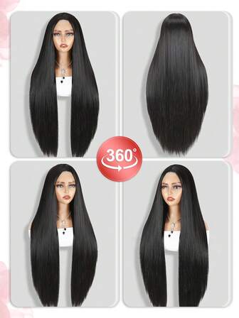 30Inch Long Straight Black Wigs For Women Synthetic Middle Part 4x1 Lace Part Wig Natural Looking Wig For Daily Part Use